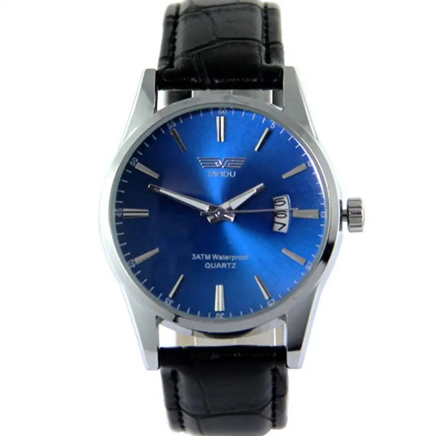 Montre Homme-Montre homme pas chère cuir véritable noir cadran bleu