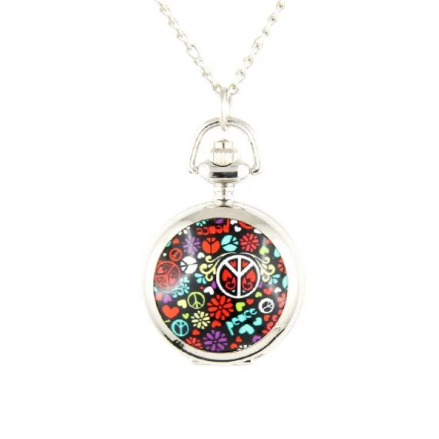 Montre Femme-Pendentif montre gousset pas chère peace and love + chaine argenté